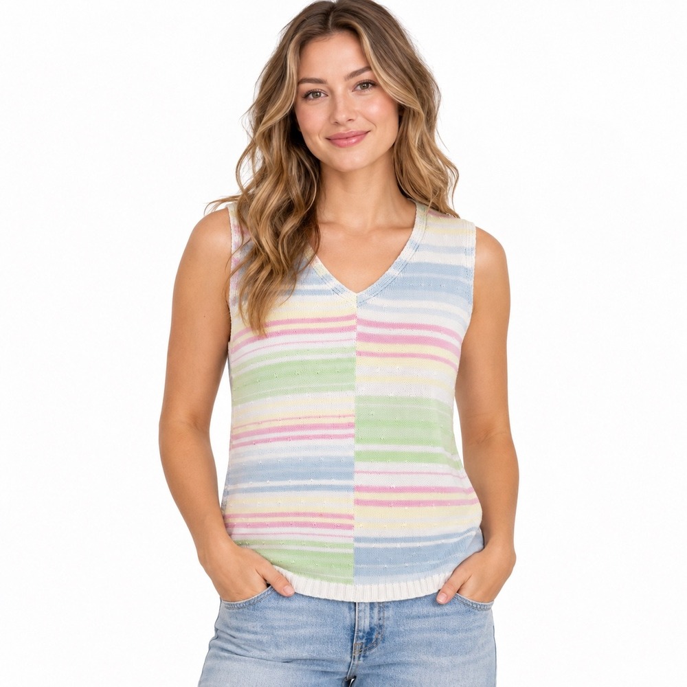 Vintage Liz Claiborne Pastel Stripe Cotton Sweater Vest Petite M 90s Preppy